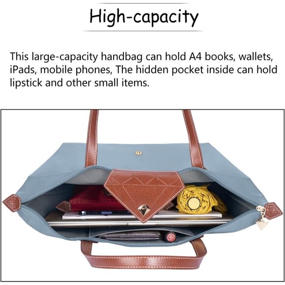 Waterproof Nylon Tote Bag Women Large Foldable Blue Shoulder Bag for Travel Use - Picture 5 of 6